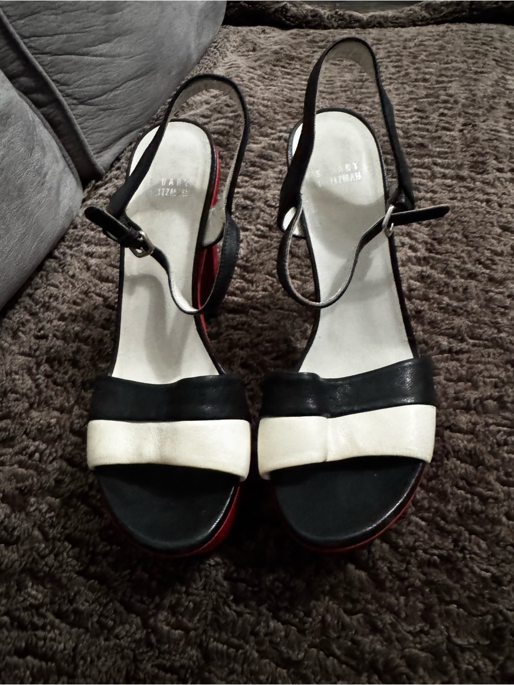 Stuart Weitzman Black and White Slingback Heels with Bow Accent
